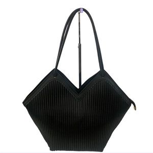 NEW Pleated vegan Leather Shoulder Bag Chevron Silhouette Top Zip Closure Black